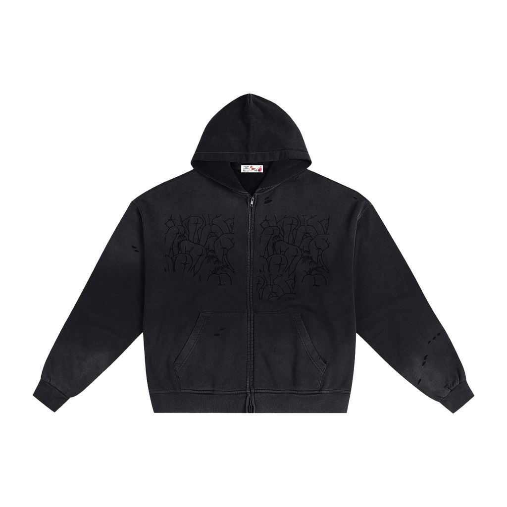 Supper Freaky Hand-Frayed Sunfade Zip Hoodie